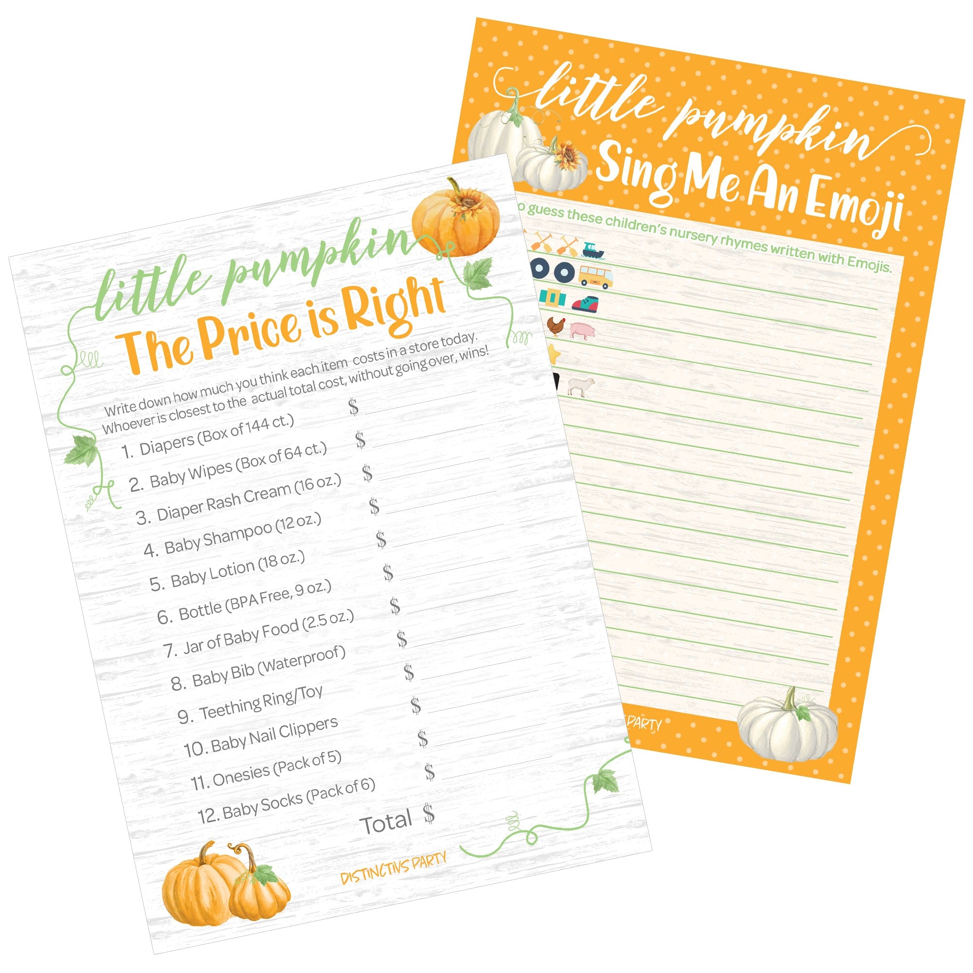 Classic Orange Little Pumpkin Baby Shower 2 Game Bundle - Price is Right and Emoji Party Activity - 20 Dual Sided Cards